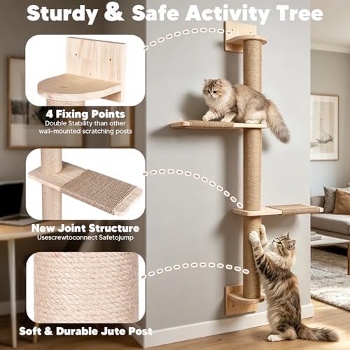 Tall Wall Cat Tree 47"‌, Wood Cat Wall Shelves Wall-Mounted Scratching Post - Image 3