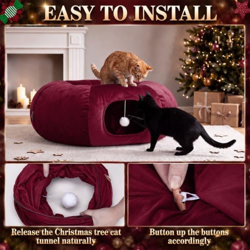 Christmas Tree Cat Tunnel 36 in Donut Bed, Burgundy, Velvet, Fluffy - Image 5