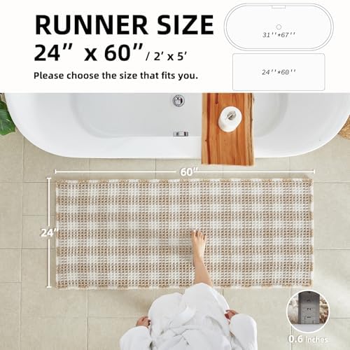 TYUU Waffle Runner Rug Bathroom, Long Boho Bath Mat, 60x24 Khaki & White - Image 2