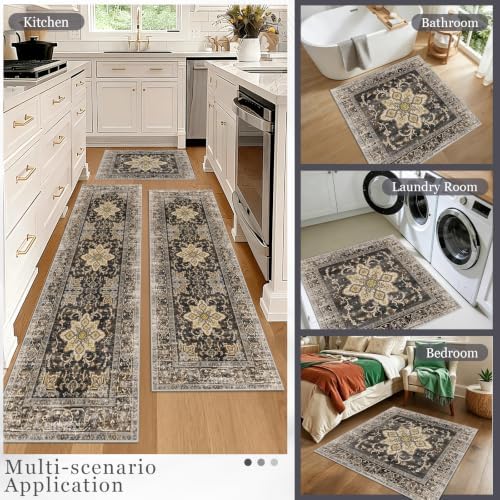 Washable 3x3 Square Rug for Entry Bathroom Kitchen Bedroom Black/Gold - Image 5