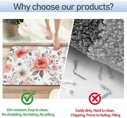Vintage Poppy Flowers Bathroom Rug 29.5"x17", Super Absorbent Fast Drying Bath - Image 4