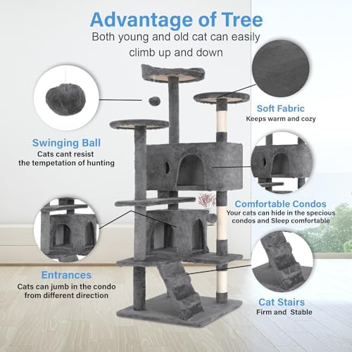 FDW | 54" Cat Tree Tower | Light Gray | Multi-Level Indoor Activity Center - Image 3