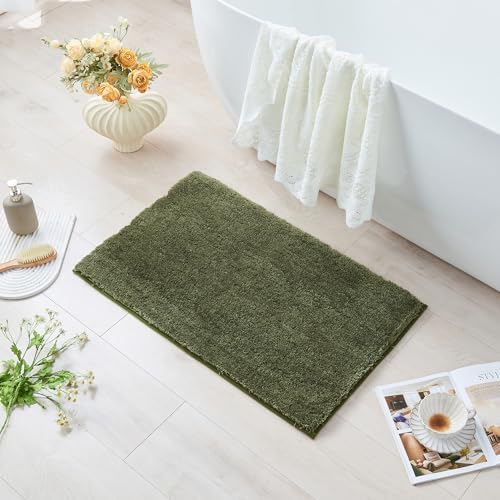 CozeCube Olive Green Shaggy Bath Mat 32"x20" Non Slip Washable Rug - Image 2