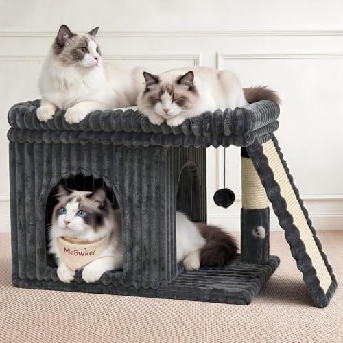 Cat Tree Tower with 15.7x23.6 Perch Bed, Dark Gray Striped Fabric by Meowker