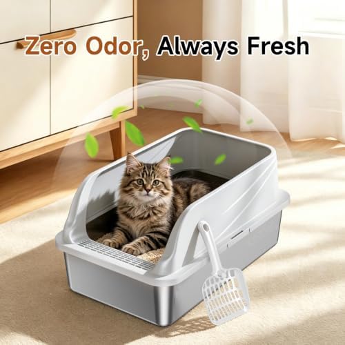 Stainless Steel XL Cat Litter Box, High‑Sides Anti‑Spill Metal Litter Pan - Image 3