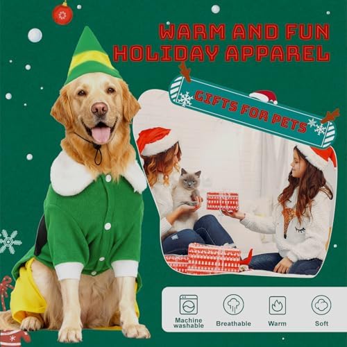 Dog Elf Christmas Outfit with Cap, Funny Party Cosplay Winter Warm Dogs Christmas Outfit (Green, Medium) - Image 2