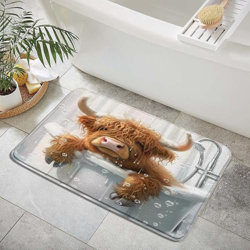 Funny Highland Cow Bath Mat Fun Animals in Bathtub Brown Calf Cute Cattle - Image 2