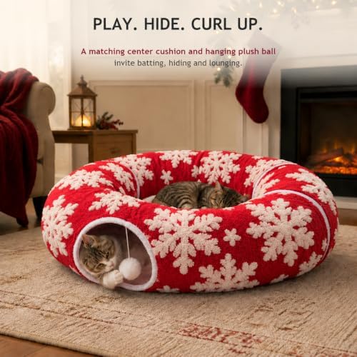 Christmas Snowflake Cat Tunnel Bed Under Tree, Velvet Jacquard, 10"x3 Ft - Image 4