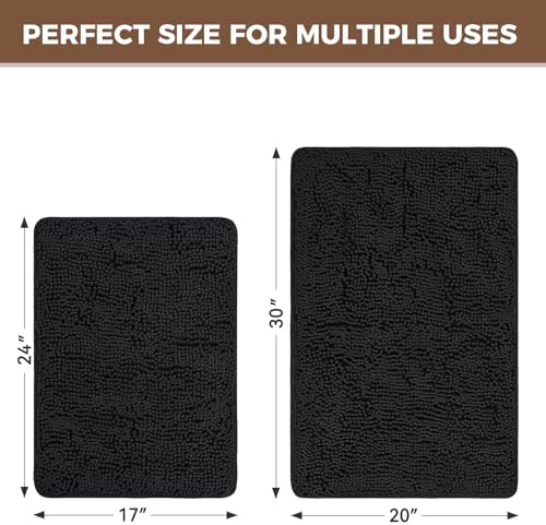 Bcoimo Bath Rug Mat Set, 2 Piece High Absorbent Chenille Bathroom Mat Black - Image 2
