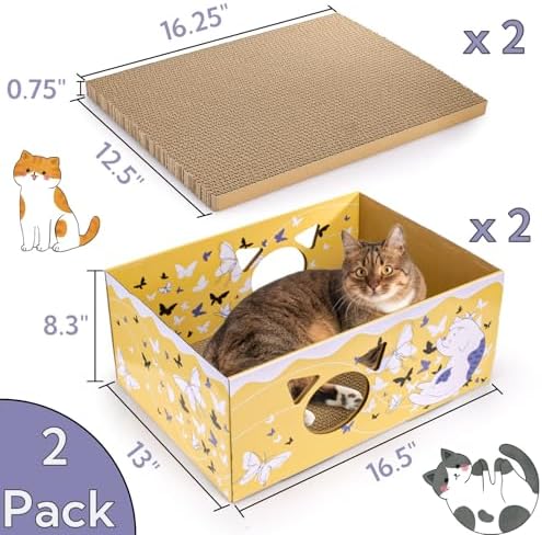 Tlence 2 Pack Cardboard Cat Scratcher Box, Butterfly Pattern Cat Hideaway House - Image 2