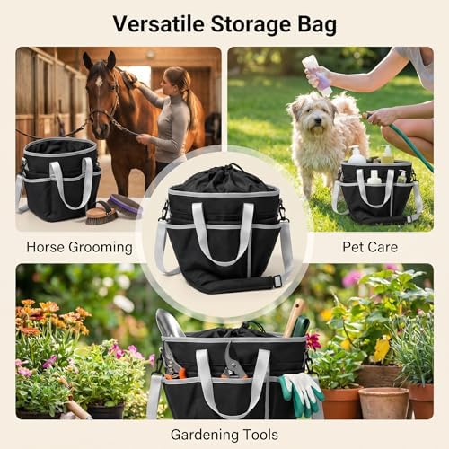 Horse Grooming Tote Bag with 6 Pockets & Drawstring Closure, Portable Grooming - Image 7