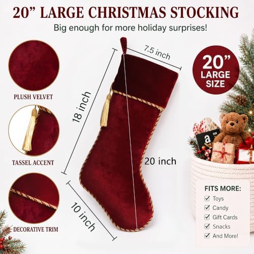 Red Christmas Stockings 1 Pack 20 Inch Large, Velvet - Image 3