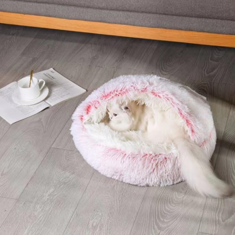 Round Fluffy Hooded Cat Bed Cave, Anti-Anxiety Cave Bed - Image 6