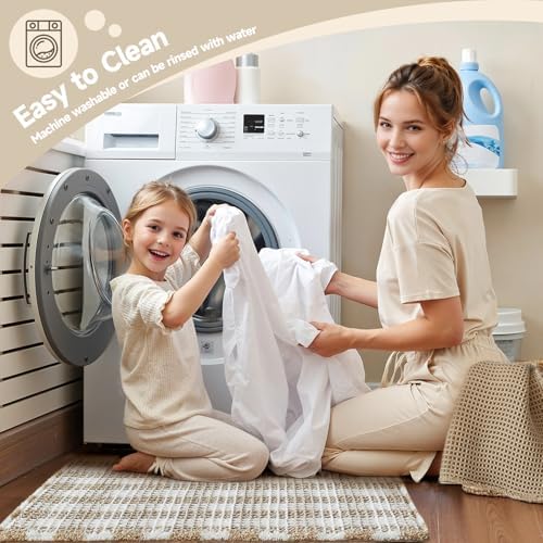 TYUU Waffle Runner Rug Bathroom, Long Boho Bath Mat, 72x24 Khaki & White - Image 5