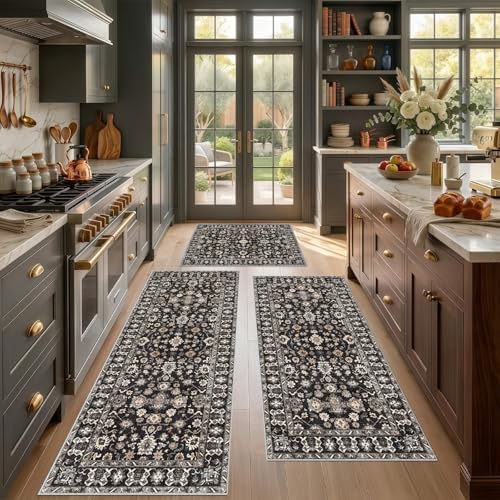 Washable Kitchen Rugs Sets of 3 Kitchen Mat 3PC Non Slip Runner Black - Image 2