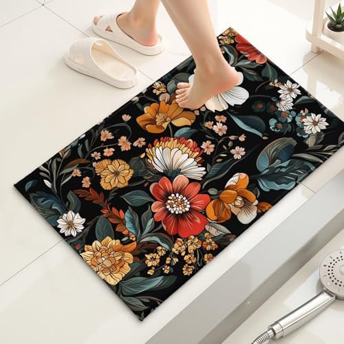 Giwawa Vintage Floral Bath Rug Boho Flower Bathroom Mat Soft Quick Dry Non Slip - Image 2