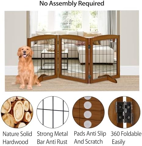 LZRS 3-Panel Freestanding Adjustable Wooden Dog Gate—30" Tall Foldable Pet - Image 3