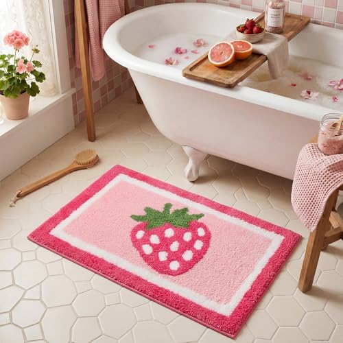 Boao Strawberry Bathroom Rug Tufted Bath Mat Pink Non-Slip 24 x 16 Inches - Image 6