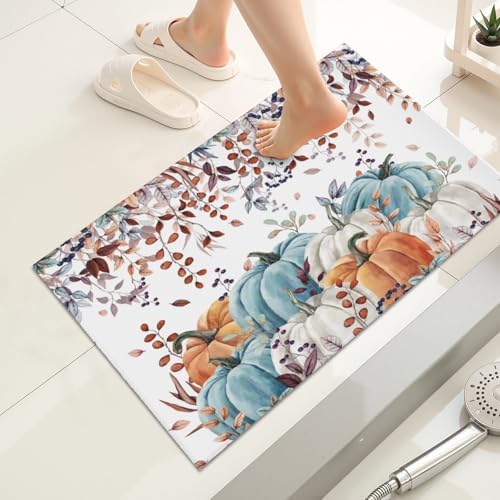 Giwawa Fall Orange Pumpkin Bath Rug Eucalyptus Leaves Bathtub Mat Soft Washable - Image 2