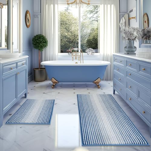 BSICPRO Bathroom Rugs Sets 2 Piece, Non Slip Striped Bath Mats, Sky Blue by BSICPRO
