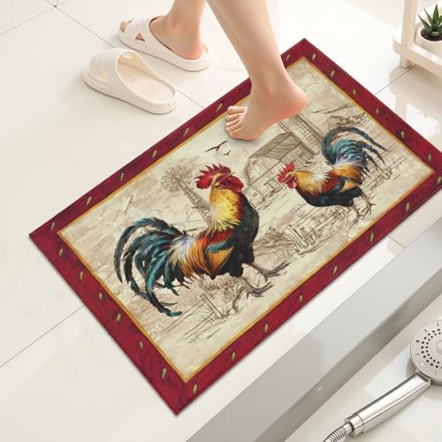 Giwawa Farm Rooster Bath Rug Red Rustic Chicken Bathroom Mat Absorbent Bath - Image 2