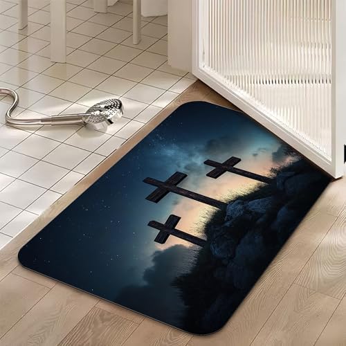 Three Wooden Cross Bathroom Rugs, Non Slip Quick Dry Starry Sky Night Bath Mats - Image 5