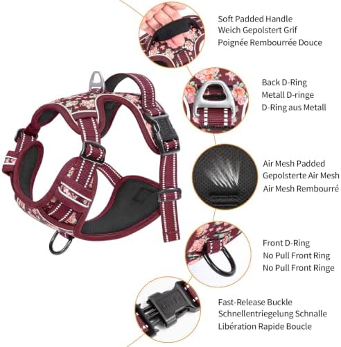 HEELE Large Dog Harness, Reflective, No Pull No Choke, Flower Burgundy - Image 2