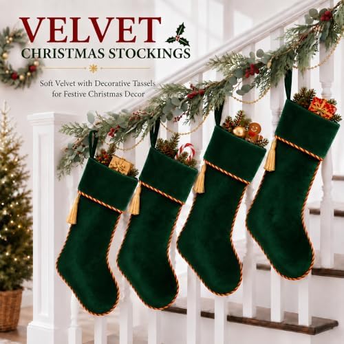 Green Christmas Stockings 4 Pack 20 Inch Large, Velvet - Image 5