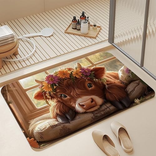 Bathroom Floor Mat, Cute Highland Cow Bathroom Rugs, Quick Dry Rustic Farmhouse by Unknown