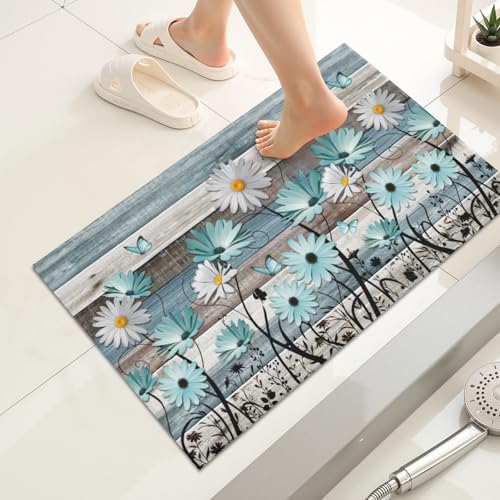 Giwawa Daisy Floral Bath Rug Rustic Wood Bathtub Mat Soft Absorbent Non Slip - Image 2