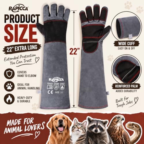 RAPICCA Animal Handling Gloves, Bite Proof Double Leather, 22 in Grey-Black - Image 7