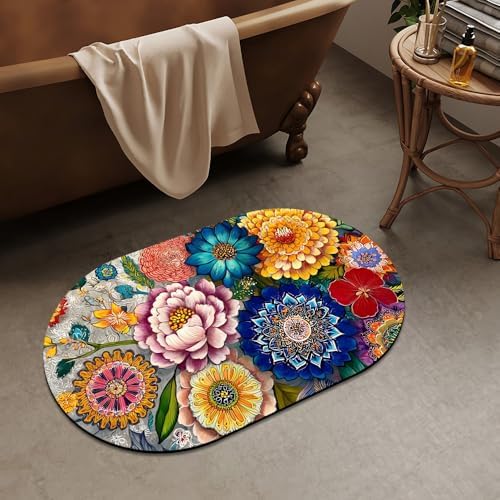 Folk Art Various Flowers Super Absorbent Quick-Drying Bathroom Mat Rug - Image 2