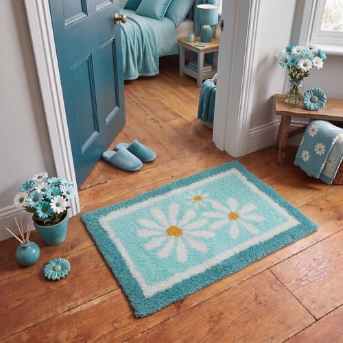 Boao Teal Daisy Coastal Bathroom Rug Tufted Non Slip Bath Mat 24x16 Inches - Image 5