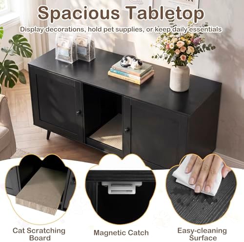 Tangkula Double Cat Litter Box Enclosure, Large Hidden Wooden Cat Cabinet - Image 6