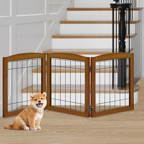 LZRS 3-Panel Freestanding Foldable Wooden Dog Gate –Solid Wood & Steel Wire by LZRSPET
