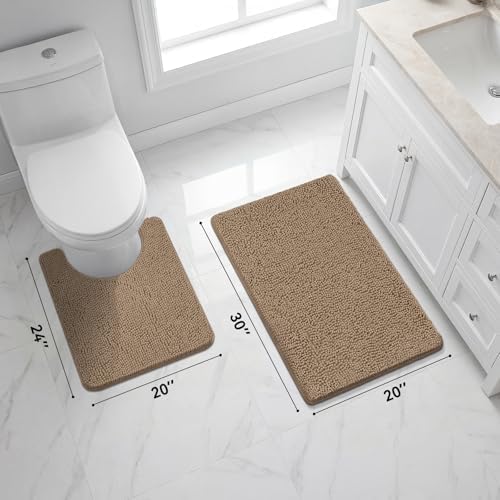 Bcoimo U Shaped Bath Rug Mat Set, 2 Piece Chenille Latte Toilet Bathroom Rug - Image 5