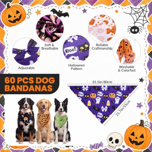 60 Pcs Halloween Dog Bandanas Bulk Pet Bibs Scarf, Pumpkin Large - Image 2