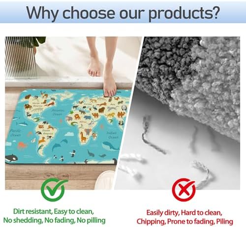 World Map with Animals AST Drying Absorbent Bathroom Mat, Non-Slip Rubber - Image 4