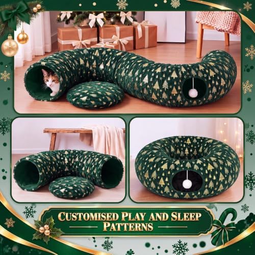 Christmas Tree Cat Tunnel 36 in Donut Bed, Green, Polyester, Gold Foiling - Image 4