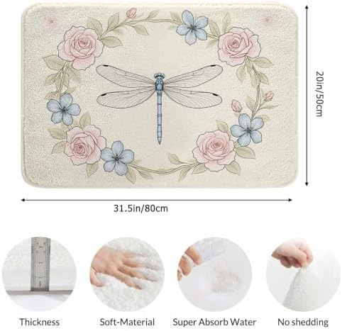Floral Frame and Dragonfly Bath Rugs Microfiber Bathroom Mat Soft Plush Shaggy - Image 3