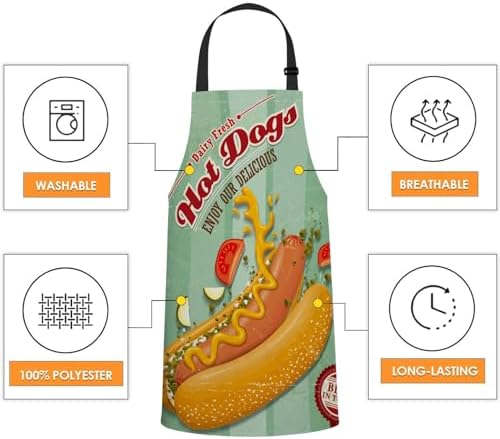 Vintage Hotdog Kitchen Apron for Women Men, Adjustable Apron Chef Bakers Apron - Image 4