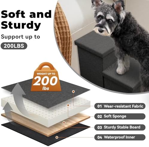 Zerbuger Dog Stairs with Storage, Dark Grey 3 Steps Dog Ramp no Condo - Image 6