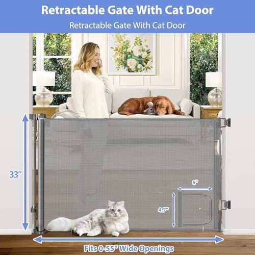 Retractable Dog Gate with Cat Door 55" Wide Retractable Pet Gate with Cat Door - Image 2