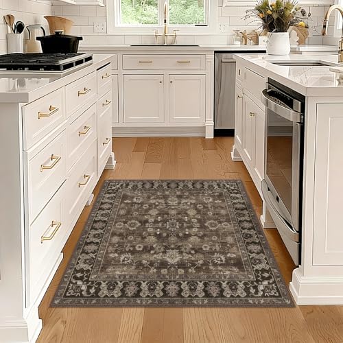 Washable Square 4x4 Rug Entryway: Non Slip Washable Indoor Carpet Brown - Image 3
