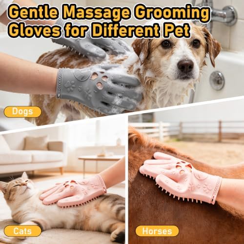 Pet Hair Removal Gloves Grooming 2 Pair Pink & Grey - Image 6