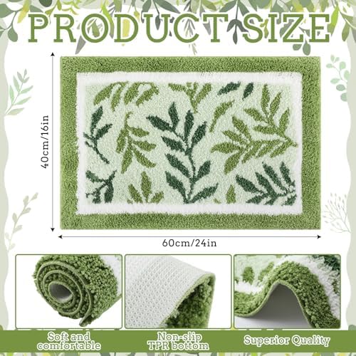 Boao Sage Green Bathroom Rug Tufted Leaf Bath Mat Non-Slip Soft Absorbent - Image 2