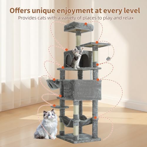 61 Inch Cat Tree with Platform & Hammock, Plush Perch Scratcher & Playhouse - Image 5