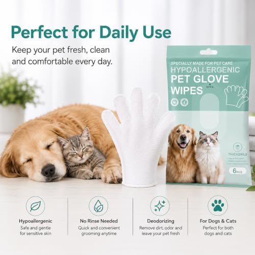 6PCS Dog Cat Grooming Wipes Glove, Waterless Pet Cleaning - Image 4