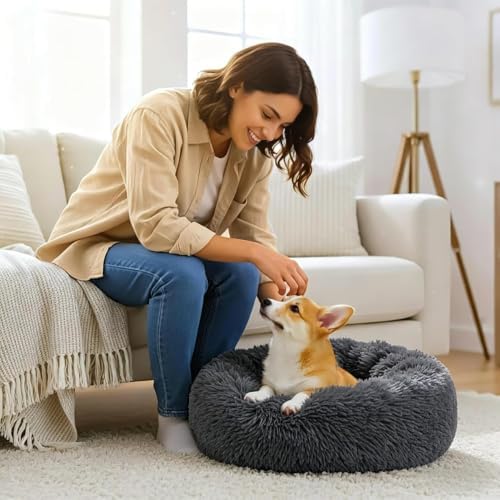 Calming Large Donut Dog and Cat Bed, Anti-Anxiety Round Soft Fluffy Plush Faux - Image 6