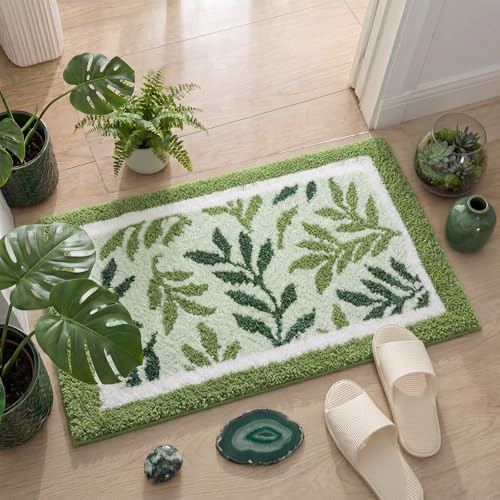 Boao Sage Green Bathroom Rug Tufted Leaf Bath Mat Non-Slip Soft Absorbent - Image 4